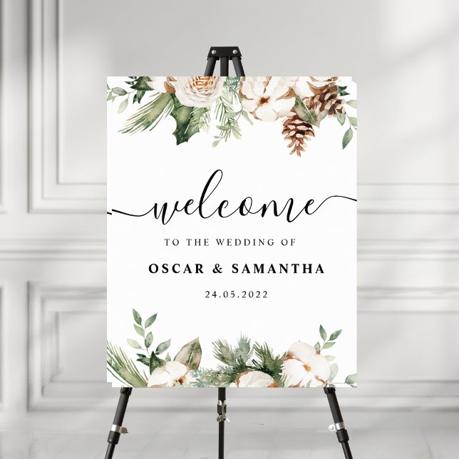 Watercolor Winter Green Pine Tree & White Flowers Poster (Creator Uploaded)