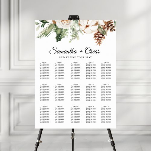 Watercolor Winter Green Pine Tree  White Flowers Poster