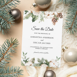 Watercolor Winter Green Pine Tree & White Flowers Save The Date