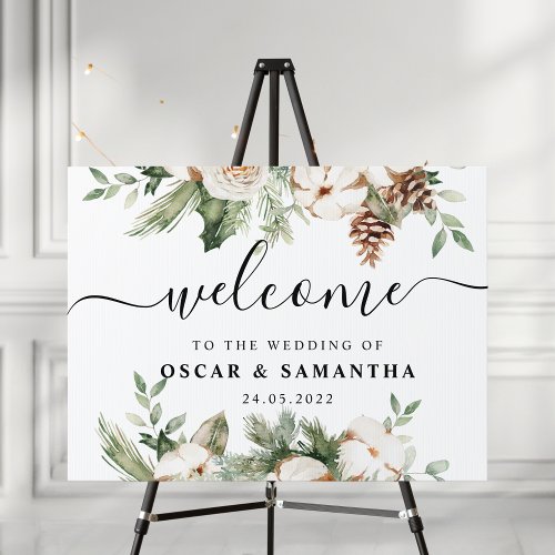 Watercolor Winter Green Pine Tree  White Flowers Sign