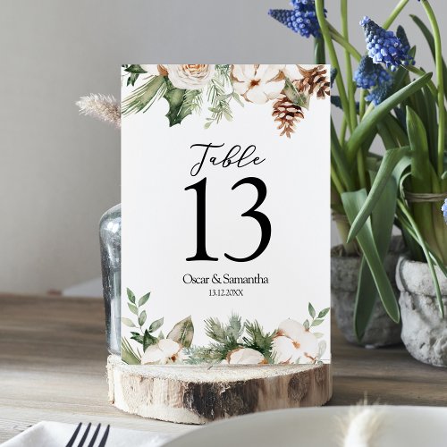 Watercolor Winter Green Pine Tree  White Flowers Table Number