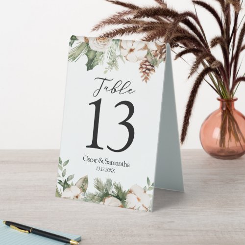 Watercolor Winter Green Pine Tree  White Flowers Table Tent Sign