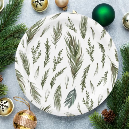 Watercolor Winter Green Seamless Pattern  Paper Plates