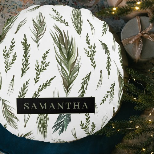 Watercolor Winter Green Seamless Pattern  Round Pillow