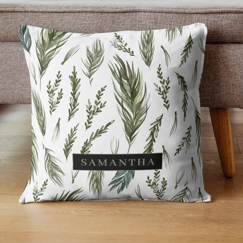 Watercolor Winter Green Seamless Pattern  Throw Pillow