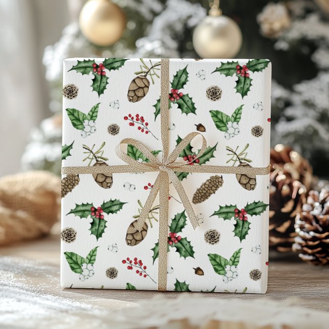Watercolor Winter Greenery and Berries Christmas  Wrapping Paper (Creator Uploaded)