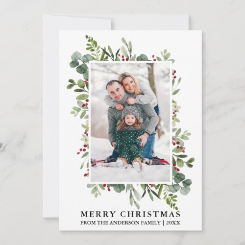 Watercolor Winter Greenery Berries Photo Christmas Holiday Card