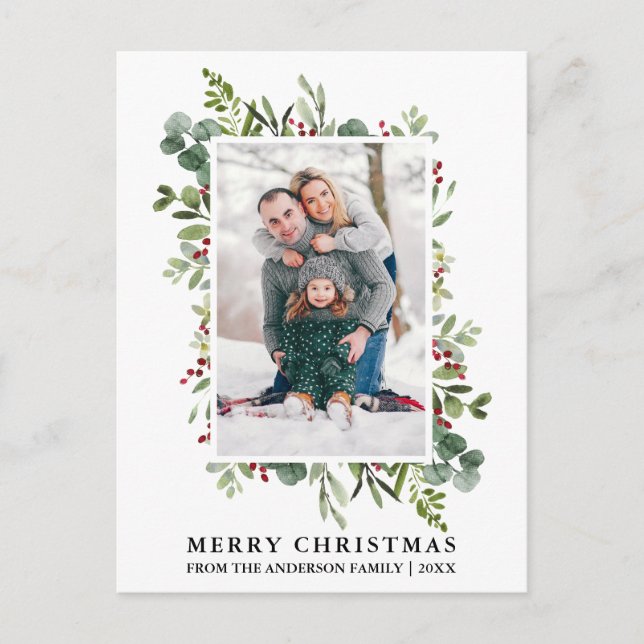 Watercolor Winter Greenery Berries Photo Christmas Postcard (Front)