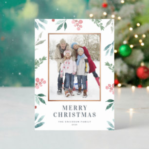 Watercolor Winter Greenery Berry Frame Christmas Letterpress Photo Cards
