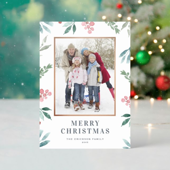 Watercolor Winter Greenery Berry Frame Christmas Letterpress Photo Cards (Front (Into))