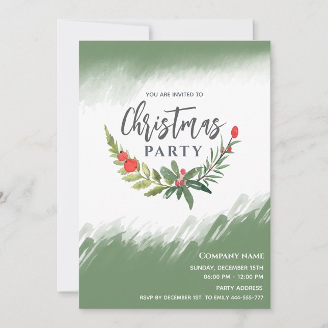  Watercolor winter greenery Christmas party  Invitation (Front)