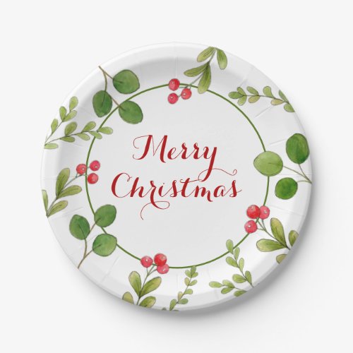 Watercolor winter greenery Christmas Party Paper Plates