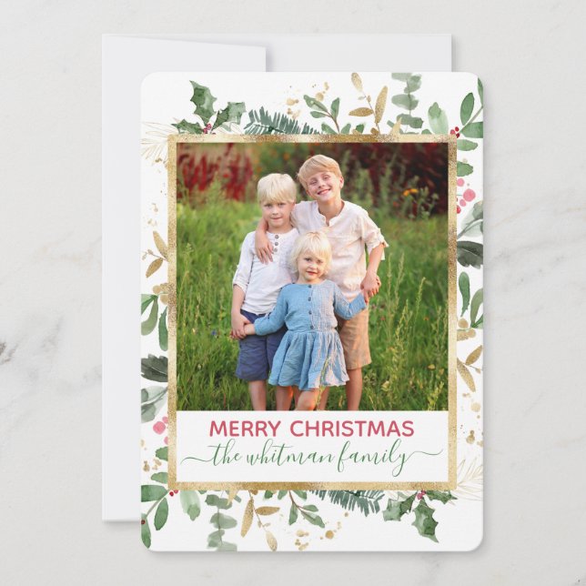 Watercolor Winter Greenery Christmas Photo Card (Front)