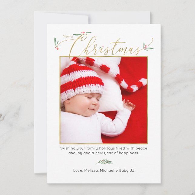 Watercolor Winter Greenery Christmas Photo Holiday Card (Front)