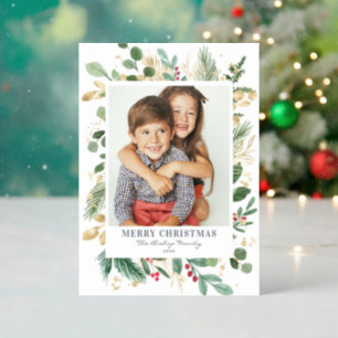 Watercolor Winter Greenery Faux Foil Christmas Letterpress Photo Cards