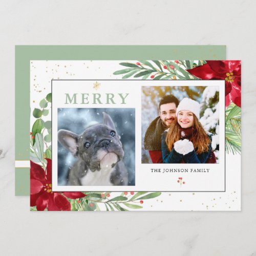 Watercolor Winter Greenery  Gold  Holiday Card
