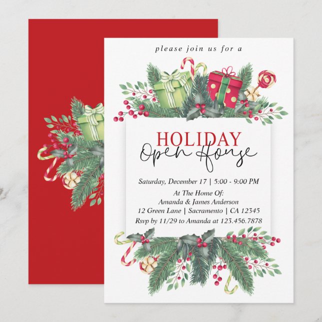 Watercolor Winter Greenery Holiday Open House Invitation (Front/Back)