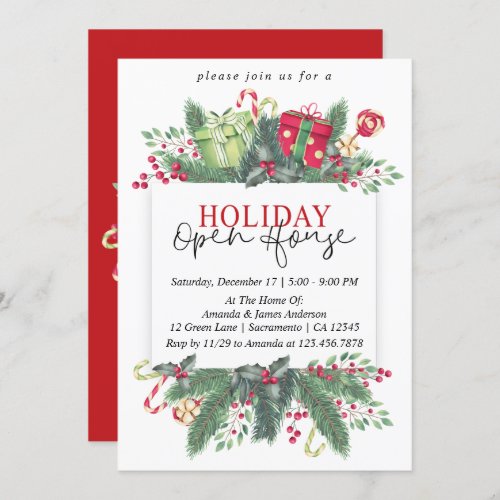 Watercolor Winter Greenery Holiday Open House Invitation