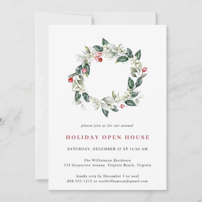 Watercolor Winter Greenery Holiday Open House  Invitation (Front)