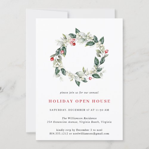 Watercolor Winter Greenery Holiday Open House  Invitation