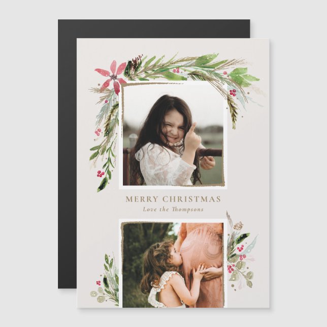 Watercolor Winter Greenery Holiday Photo Card (Front/Back)