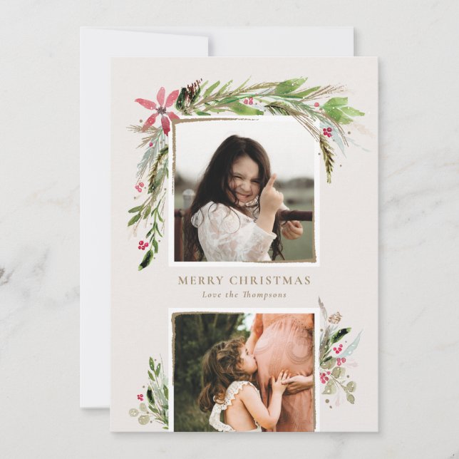 Watercolor Winter Greenery Holiday Photo Card (Front)