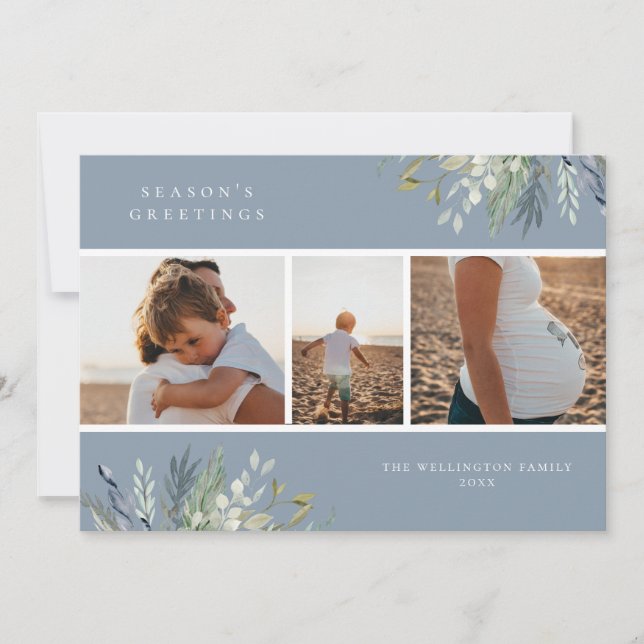 Watercolor Winter Greenery Holiday Photo Collage (Front)