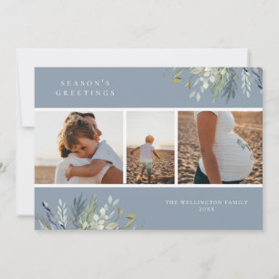 Watercolor Winter Greenery Holiday Photo Collage Card