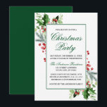 Watercolor Winter Greenery Holly Christmas Party Invitation<br><div class="desc">Elegant Watercolor Winter Greenery Red Holly Berries Christmas Party Invitation - Green Script</div>