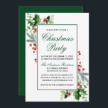 Watercolor Winter Greenery Holly Christmas Party Invitation<br><div class="desc">Elegant Watercolor Winter Greenery Red Holly Berries Christmas Party Invitation - Green Script</div>