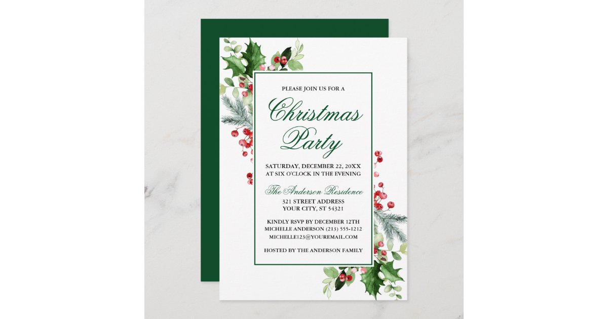 Watercolor Winter Greenery Holly Christmas Party Invitation | Zazzle