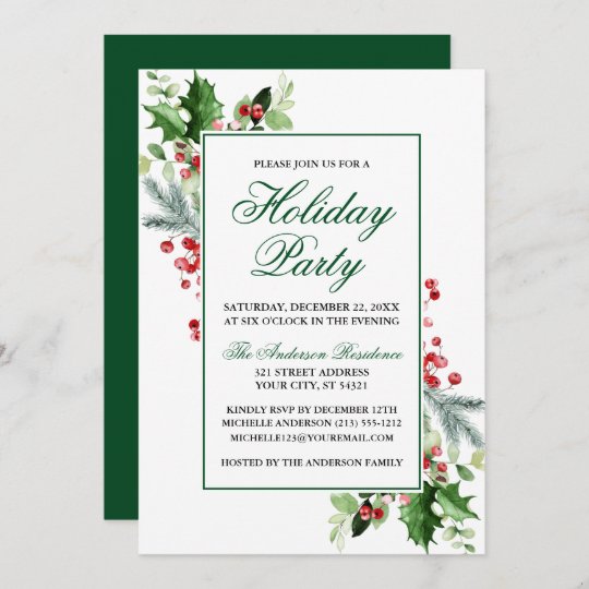 Watercolor Winter Greenery Holly Holiday Party Invitation | Zazzle.com