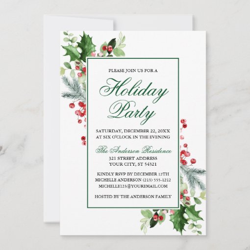 Watercolor Winter Greenery Holly Holiday Party Invitation | Zazzle