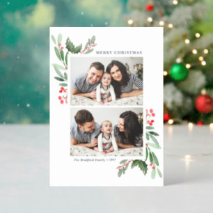 Watercolor Winter Greenery Holly Merry Christmas Letterpress Photo Cards