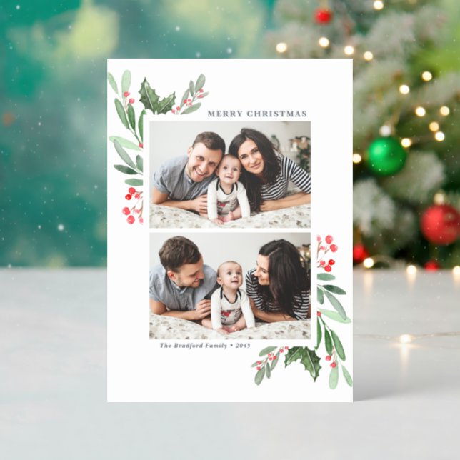 Watercolor Winter Greenery Holly Merry Christmas Letterpress Photo Cards (Front (Into))