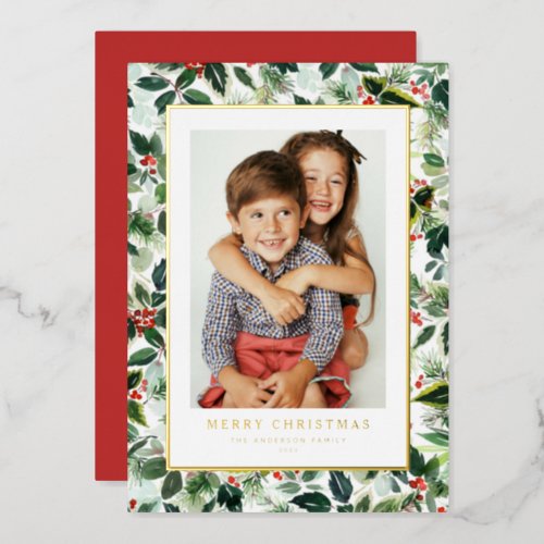 Watercolor Winter Greenery Merry Christmas Photo Foil Holiday Card