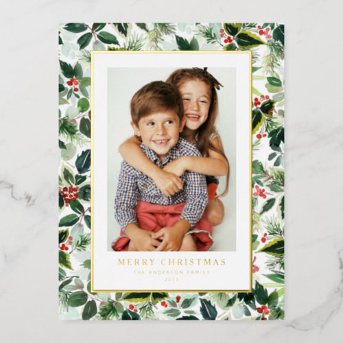 Watercolor Winter Greenery Merry Christmas Photo Foil Holiday Postcard
