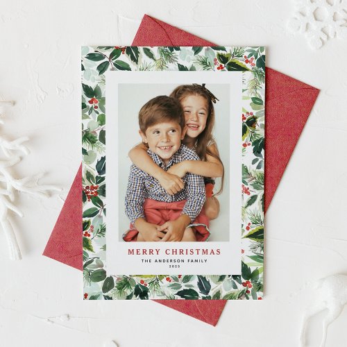 Watercolor Winter Greenery Merry Christmas Photo Holiday Card