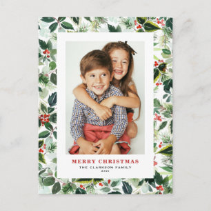 Watercolor Winter Greenery Merry Christmas Photo Holiday Postcard