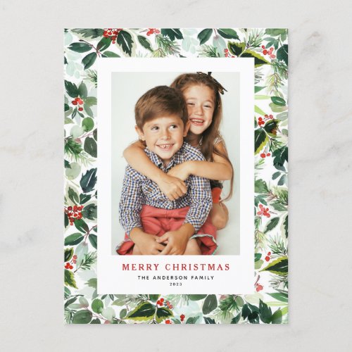 Watercolor Winter Greenery Merry Christmas Photo Holiday Postcard