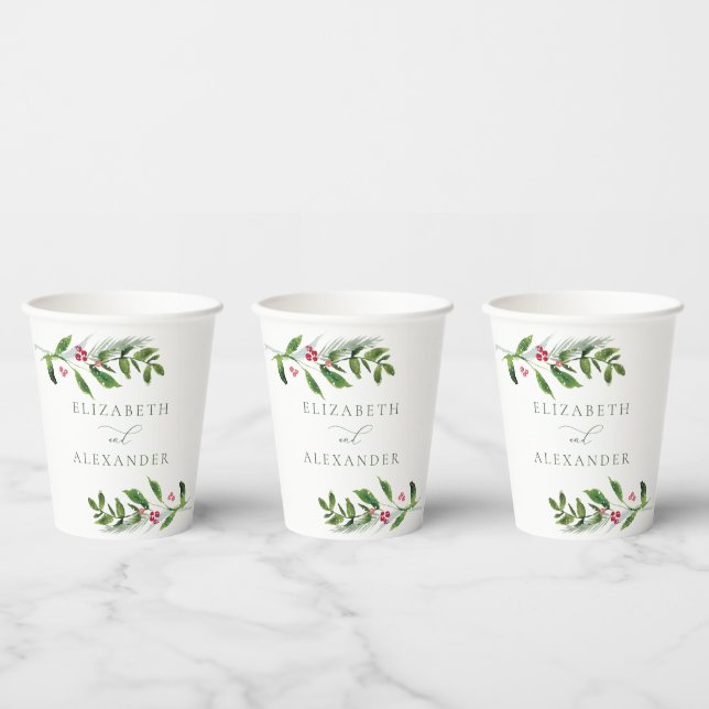 Watercolor Winter Greenery Modern Christmas Paper Cups (Multi)
