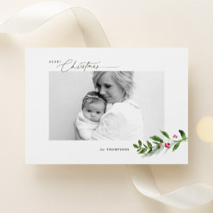 Watercolor Winter Greenery Modern Christmas Photo Holiday Card