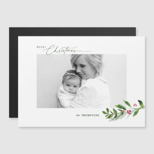 Watercolor Winter Greenery Modern Christmas Photo Magnetic Invitation