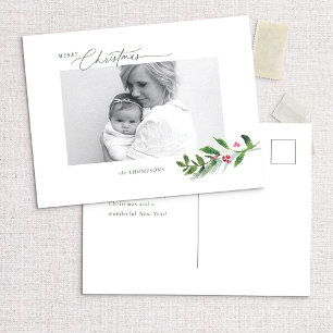 Watercolor Winter Greenery Modern Christmas Photo Postcard