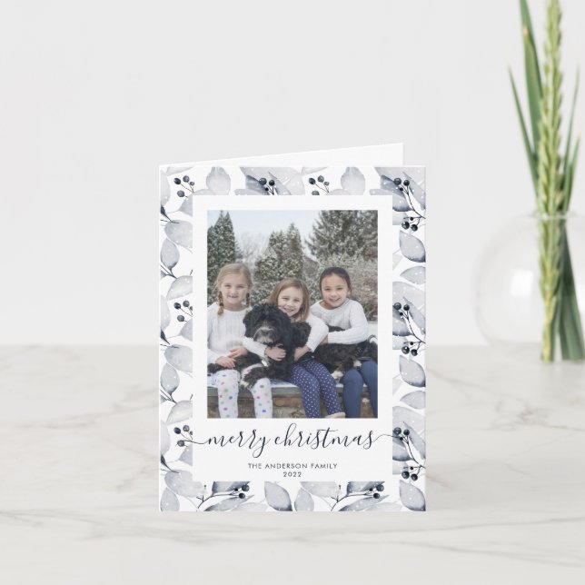 Watercolor Winter Greenery Photo Merry Christmas Holiday Card (Front)