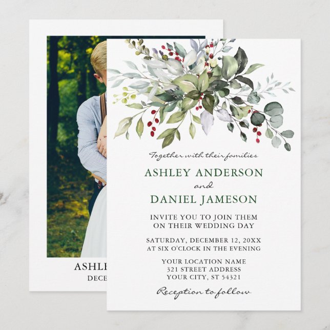 Watercolor Winter Greenery Photo Wedding Invitation (Front/Back)