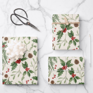 Watercolor Winter Greenery Pinecone Christmas Wrapping Paper Sheets