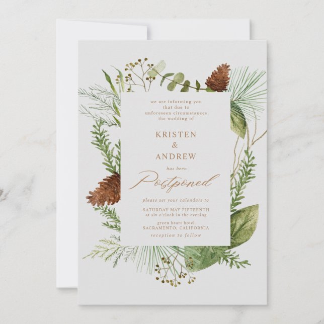 watercolor winter greenery  postponed  Wedding Invitation (Front)