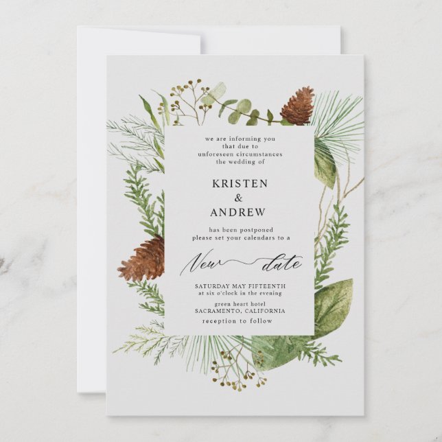 watercolor winter greenery  postponed  Wedding Invitation (Front)