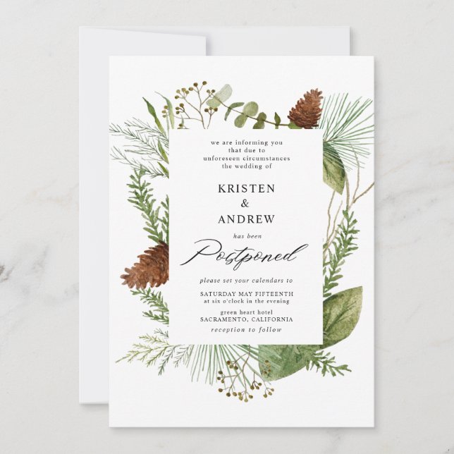 watercolor winter greenery  postponed  Wedding Invitation (Front)
